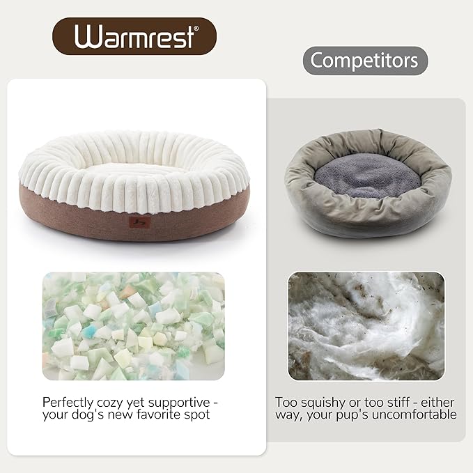 Warmrest Donut Dog Bed Medium Size Dog 36 Inch, Round Cat Beds for Small Medium Dogs and Cats with Washable Fluffy Faux Fur, Cute Comfort Pet Bed with Anti-Slip Bottom, Cream