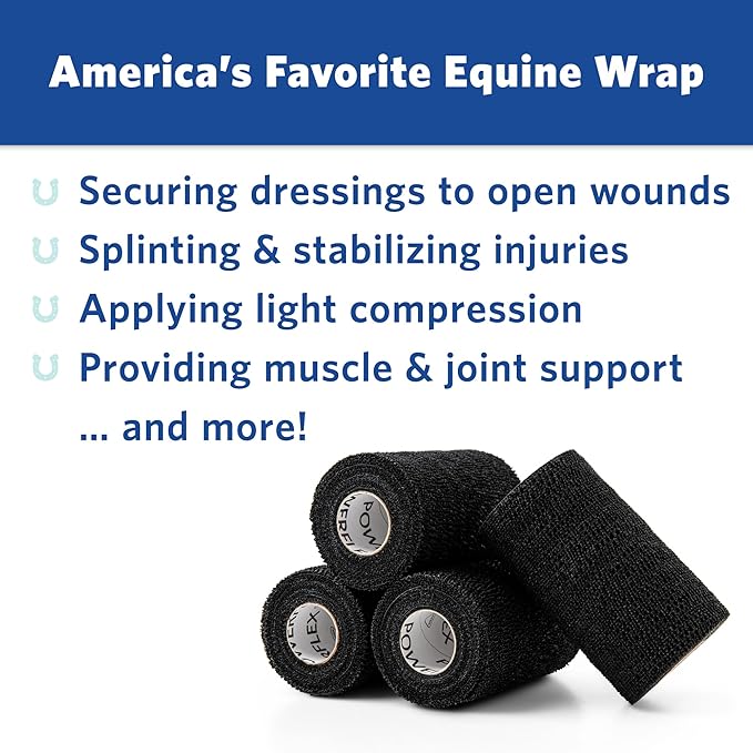 PowerFlex Equine – Extra Strong Self-Adhering Bandage Wrap – Wound Care, Compression & Support Bandage for Horses, Cows & Dogs – Black, 4 inch, 4 Rolls (Resealable Case)