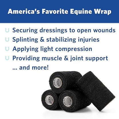 PowerFlex Equine – Extra Strong Self-Adhering Bandage Wrap – Wound Care, Compression & Support Bandage for Horses, Cows & Dogs – Black, 4 inch, 4 Rolls (Resealable Case)