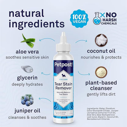 Petpost Tear Stain Remover for Dogs | 8 oz Gentle Dog Eye Cleaner Solution | Safe Dog Tear Stain Remover for White Fur & Light-Coated Breeds | Bleach Free