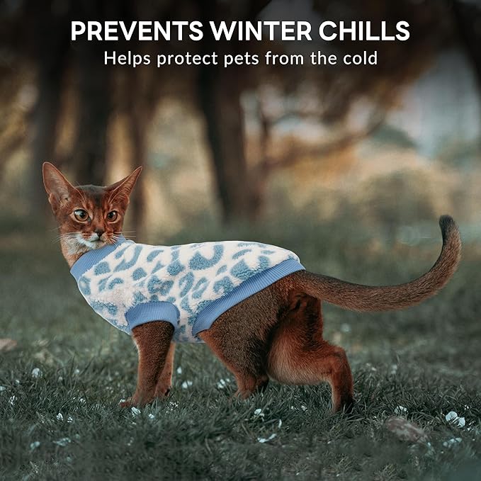 PUMYPOREITY Winter Warm Cat Sweater - Super Soft & Elastic Knit with Plush Fleece, Easy-On Design with Ribbed Neck & Cuffs, Stretchy Cat Outfit for Indoor/Outdoor Use,Blue, L