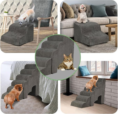 MALOROY Dog Stairs for High Beds 25-30 inches Tall, 6-Step Dog Steps for High Bed for Doggies/Kitties, 30D Foam Pet Stairs Steps for Small Dogs, Doggie Ramp/Ladder for Old Dogs/Cats, Grey