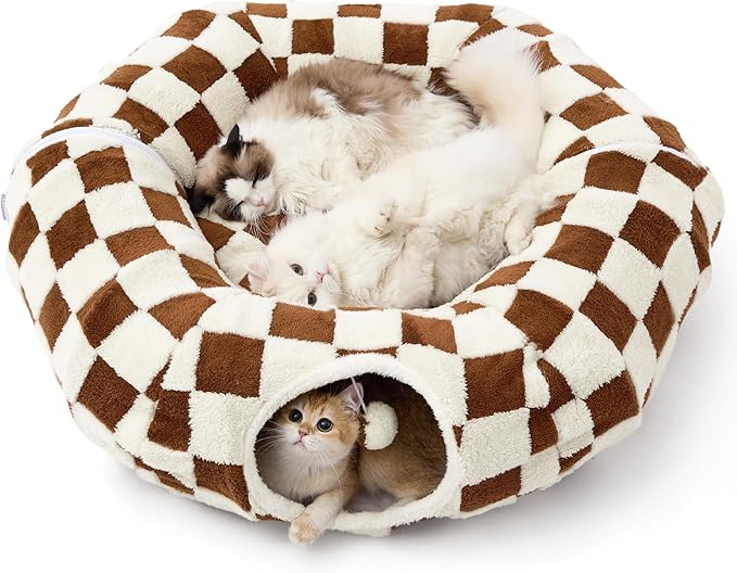 Lesure Large Cat Tunnel Bed - Cute Donut Bed for Indoor Cats with Washable Circle Cushion, Round Pet Peekaboo Cave Toy for Multi Kitten/Puppy/Rabbit, Large Brown Checks