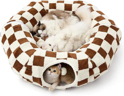Lesure Large Cat Tunnel Bed - Cute Donut Bed for Indoor Cats with Washable Circle Cushion, Round Pet Peekaboo Cave Toy for Multi Kitten/Puppy/Rabbit, Large Brown Checks