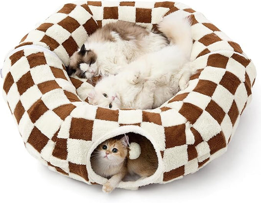 Lesure Large Cat Tunnel Bed - Cute Donut Bed for Indoor Cats with Washable Circle Cushion, Round Pet Peekaboo Cave Toy for Multi Kitten/Puppy/Rabbit, Large Brown Checks