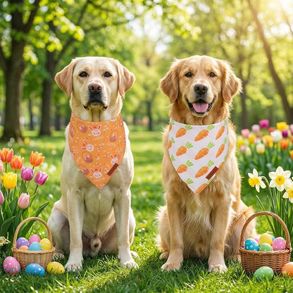 PTDECOR Easter Dog Bandana 2 Pack, Reversible Rabbit Carrot Dog Scarf, Multi Size Offered, Yellow White Easter Bandanas for Extra Large Dogs (X-Large)