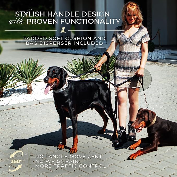 Premium Double Leash for Two Dogs – Shock Absorbing Anti Pull Double Lead for Medium & Large Breeds with Adjustable Dual Leash Attachment for 2 Dogs