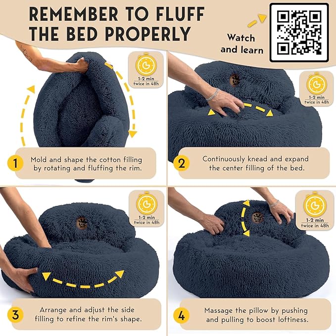 PetJett Calming Small Dog Bed - 23'' Round Dog Beds, Anti-Slip & Washable Puppy Bed - Super Soft Fluffy Plush Faux Fur Pet Bed, Anti-Anxiety Premium Comfort Donut Bed, Fits Dogs upto 25 lbs, Dark Gray