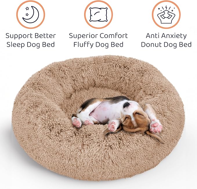 Donut Dog Bed - Premium Comfort for Anxiety Relief - Fluffy & Calming Design with Ultra-Plush Support | Cozy Round Dog Bed with Super Soft Circle Style (Camel, X-Large)