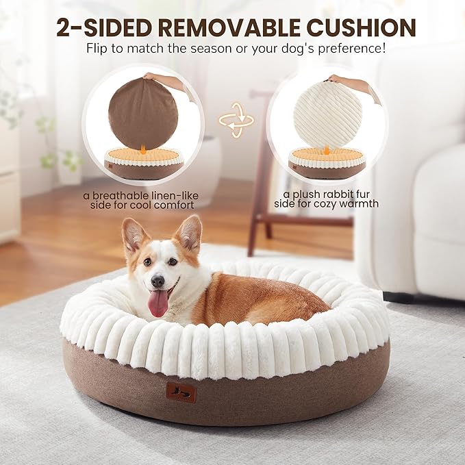Warmrest Donut Dog Bed Medium Size Dog 30 Inch, Round Cat Beds for Small Medium Dogs and Cats with Washable Fluffy Faux Fur, Cute Comfort Pet Bed with Anti-Slip Bottom, Cream