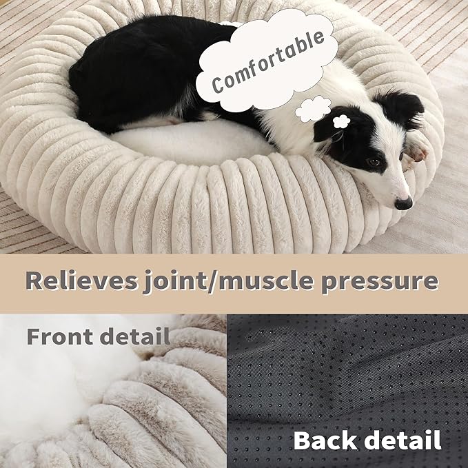 35.4“ Calming Dog Bed for Large Dog-Donut Dog Bed – Faux Rabbit Fur + Shredded Memory Foam & Polyester Fill, Ultra-Comfort Calming Round Pet Bed for Medium/Large Dogs, Easy Care
