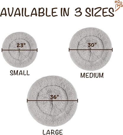 Friends Forever Donut Dog Bed Faux Fur Fluffy Calming Sofa For Small Dogs, Soft & Plush Anti Anxiety Pet Couch For Dogs, Machine Washable Coco Pet Bed with Non-Slip Bottom, 23"x23"x6" Grey