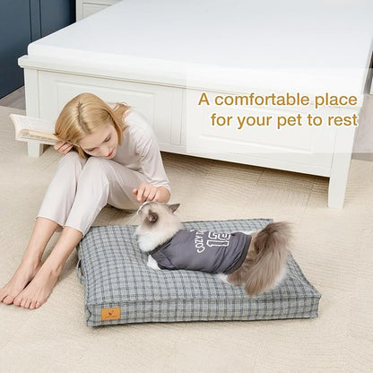 Dog Bed with Easy-Grip Handle - Shredded Memory Foam Pet Bed, Removable & Machine Washable Cover, Non-Slip Bottom, Choose from Cooling Linen or Warm Flannel Style for Dogs & Cats(Large)