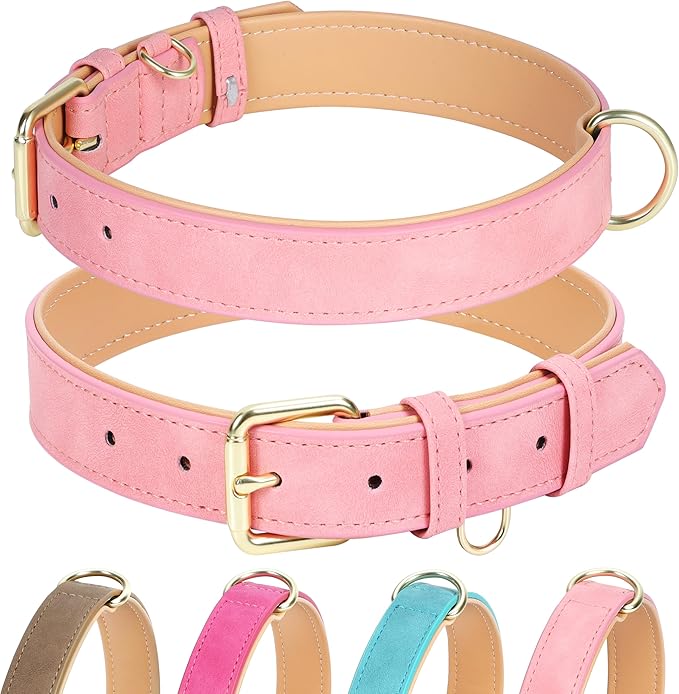 Leather Dog Collar for Small Medium Large Dogs, Soft Padded Dog Leather Collar with Heavy Duty Gold Buckle, Durable & Comfortable for Puppy Dogs Daily Walking (Pink, XS)