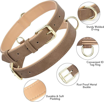 Leather Dog Collar for Small Medium Large Dogs, Soft Padded Dog Leather Collar with Heavy Duty Gold Buckle, Durable & Comfortable for Puppy Dogs Daily Walking (Light Brown, XS)