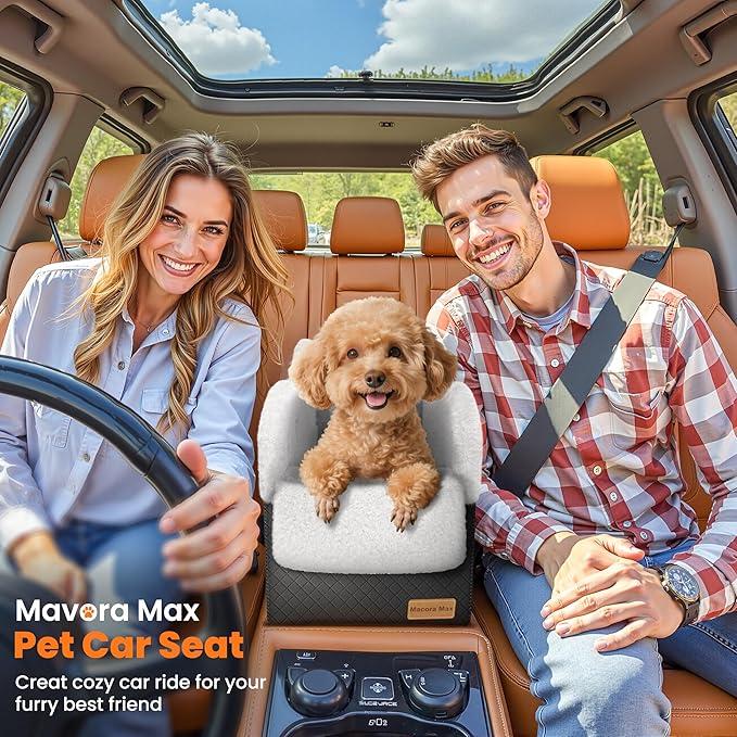 Mavora Max Portable Small Dog Seat for Car, Luxury Center Console Dog Car Seat Booster with Safety Tethers, Anti-Collapse Pet Travel Carseat for SUV, Truck (Black/White)