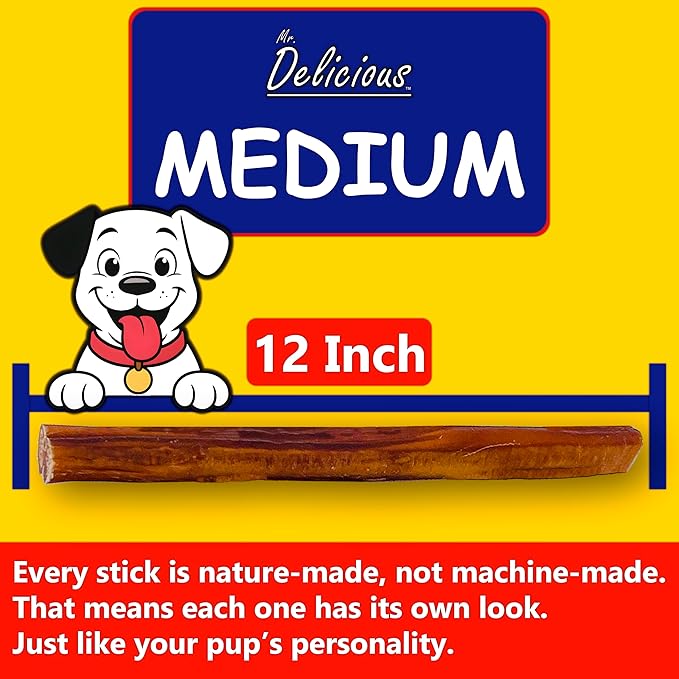 Mr. Delicious Bully Sticks for Dogs, 10 Count, 12 Inch Medium, Consistent Thickness, All Natural, Grass Fed, Rawhide-Free, Single Ingredient, Long Lasting Dog Chews