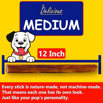 Mr. Delicious Bully Sticks for Dogs, 10 Count, 12 Inch Medium, Consistent Thickness, All Natural, Grass Fed, Rawhide-Free, Single Ingredient, Long Lasting Dog Chews