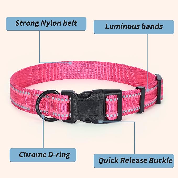 Mile High Life Reflective Dog Collar, Basic Dog Collars Adjustable Quick Release, Soft Nylon Pet Collar with Metal D-Ring for Small Medium Large Dogs (Pink, S Neck11-15")