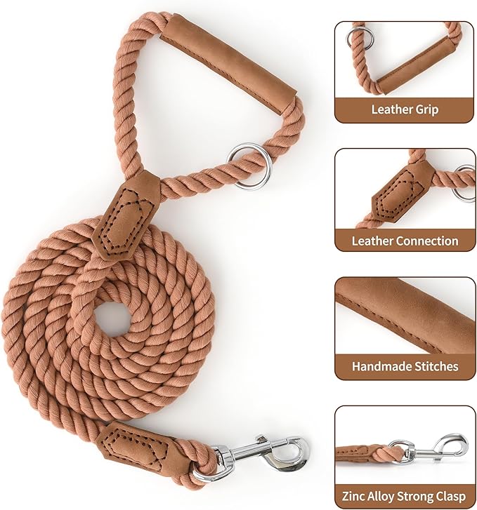 Mile High Life Dog Leash, Braided Cotton Rope Leashes with Leather Handle - Heavy Duty Metal Clasp, 4FT, 1/2" Thick - Wedding, Walking & Training Leash for Small Medium Large Dogs (Mocha Mousse)