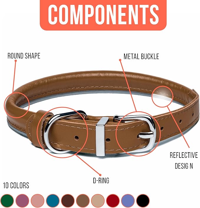 OOPSDOGGY Rolled Leather Dog Collar Reflective Roll Collars for Small Medium Large Dogs Puppy (Caramel, XXS, 7''- 9'')