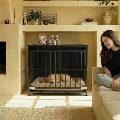 31.5" Dog Crate Furniture with Flip Door, Wooden Dog Kennel Indoor, Heavy Duty Pet Cage for Small Medium Dogs, Double Door Pet House End Table, Black