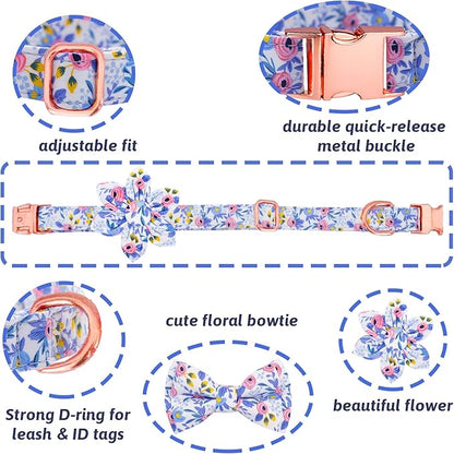 Dog Collar and Leash Set Girls Adjustable Puppy Collars with Floral Bow Tie for Small Medium Large Female Dogs, Blue Flower, L
