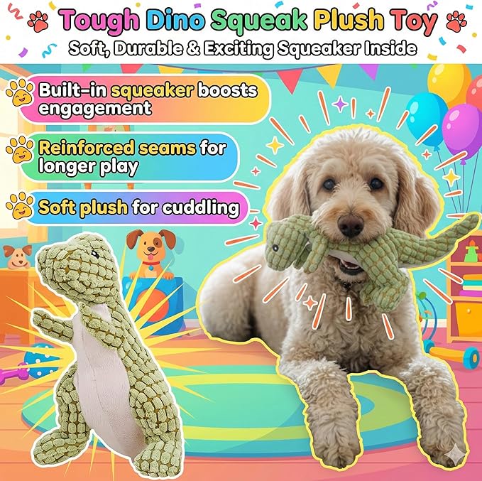 Interactive Dog Toy Play Set for Puppies & Small to Medium Dogs – Includes Self Rolling Ball, Durable Rubber Treat Chew Bone & Squeaky Plush Dinosaur