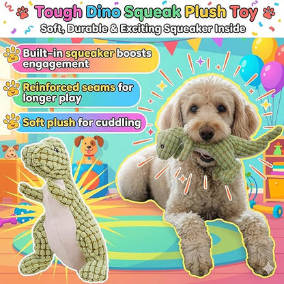 Interactive Dog Toy Play Set for Puppies & Small to Medium Dogs – Includes Self Rolling Ball, Durable Rubber Treat Chew Bone & Squeaky Plush Dinosaur