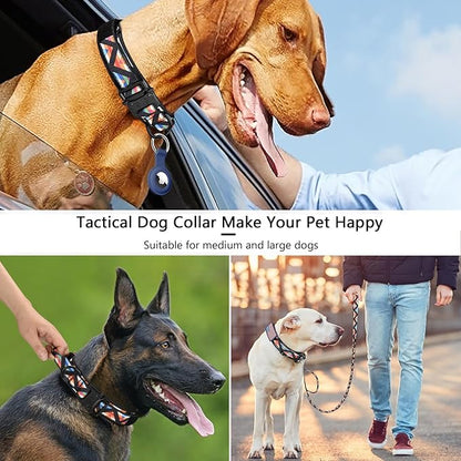 DAGANXI Tactical Dog Collar, Adjustable Military Training Nylon Dog Collar with Control Handle and Heavy Metal Buckle for Medium and Large Dogs, with Patches & Airtags Case (XL, Colorful Triangle-Set)