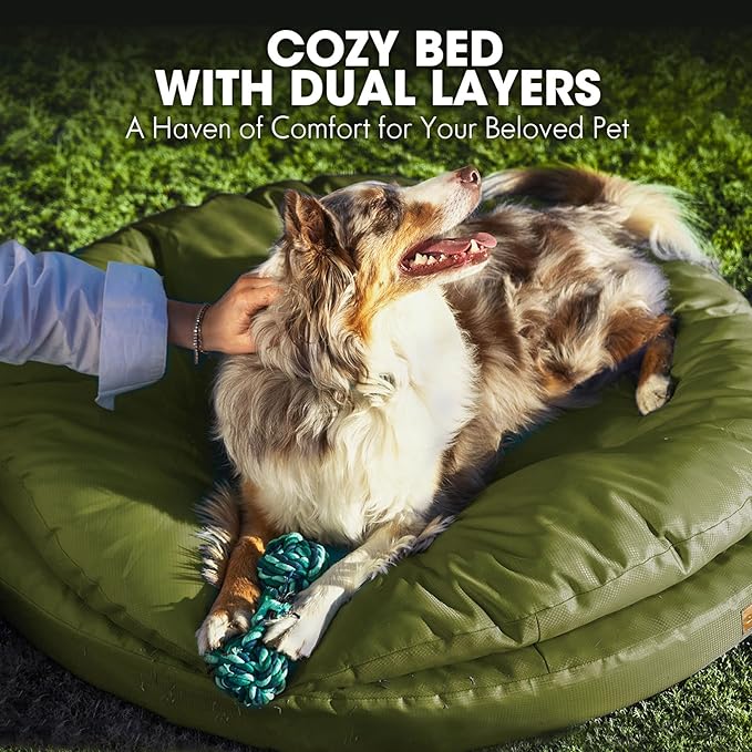 ClevaHome Orthopedic Dog Bed for Large Dogs, 36 inches Dual Layer Water Repellent Round Pet Bed with Washable Cover Nonslip Bottom (Olive Branch)