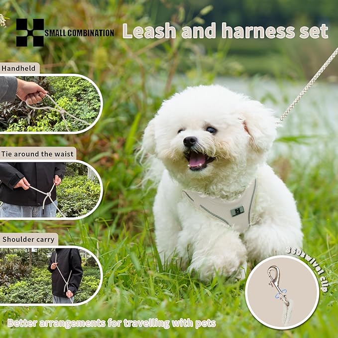 Adjustable Dog Harness with Leash, Reflective Mesh, No-Pull Design，Matching Lead Rope (Cream-Coloured, S)