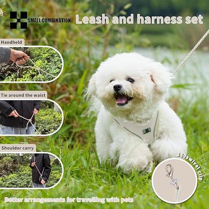 Adjustable Dog Harness with Leash, Reflective Mesh, No-Pull Design，Matching Lead Rope (Cream-Coloured, M)