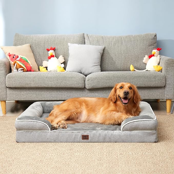 EHEYCIGA Orthopedic Dog Beds for Extra Large Dogs, Waterproof Memory Foam XXL Pet Bed with Sides, Non-Slip Bottom and Egg-Crate Foam Big Dog Couch Bed with Washable Removable Cover, Grey