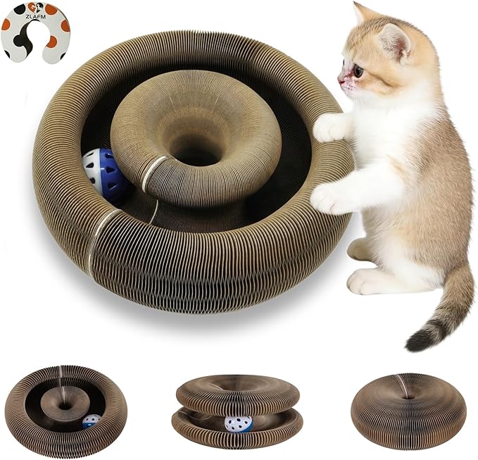 Magic Organ Cat Scratcher Toy, Foldable & Reversible Accordion Kitty Toy with Bell Ball, Interactive Cardboard Scratching Board Scratcher Pad for Indoor Cat (1 Pack)