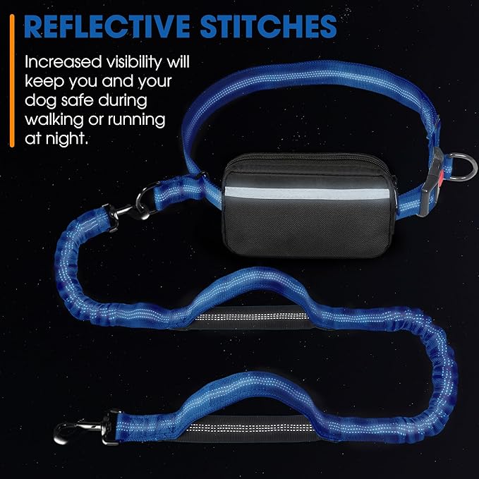 Hands Free Dog Leash with Waist Belt – No-Pull Bungee, Dual Padded Handles & Zipper Pouch for Running, Walking & Training – Adjustable Waist Leash for Large & Medium Dogs (Dark Blue)
