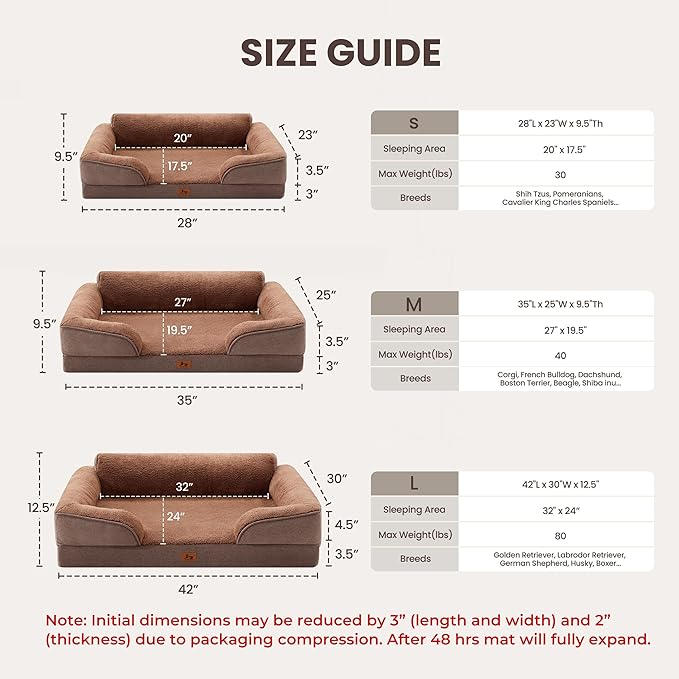 Warmrest Orthopedic Dog Beds for Medium Size Dogs, Waterproof Egg-Crate Foam Pet Couch Bed with Soft Sides, Non-Slip Dog Sofa with Fleece Removable Washable Cover, 35" L Supportive Pet Sofa, Brown