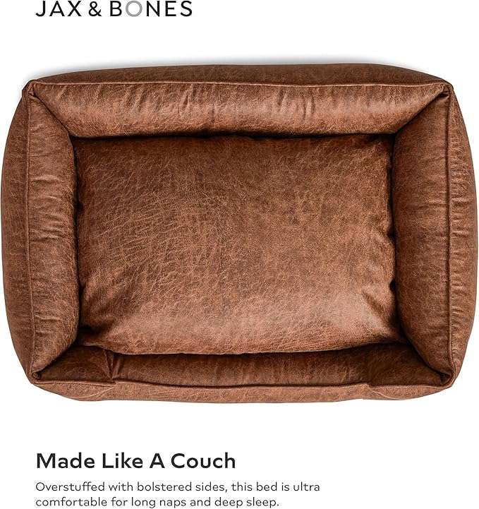 Jax & Bones Dog Bed Lounge - Machine Washable Bed for Dogs - Extra Heavy Duty Bolstered Sides - Vintage Faux Leather Dog Mat Beds | Large 39 x 32 Inches