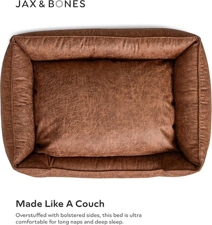 Jax & Bones Dog Bed Lounge - Machine Washable Bed for Dogs - Extra Heavy Duty Bolstered Sides - Vintage Faux Leather Dog Mat Beds | Large 39 x 32 Inches