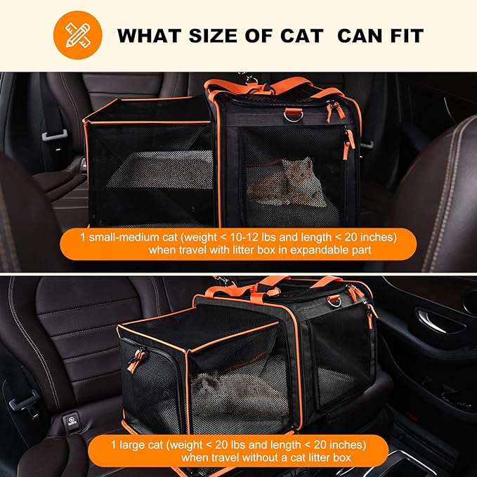 Pidipiti 20 x 14 x 14 Expandable cat car Travel Carrier for 1 Small-Medium cat,with a Portable Leakproof Small cat Litter Box