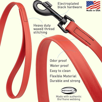 Dogline Biothane Waterproof Dog Leash Strong Coated Nylon Webbing with Black Hardware Odor-Proof Easy to Clean High Performance for Small or Large Dogs Made in USA 4 or 6 ft Lead, Cherry Red