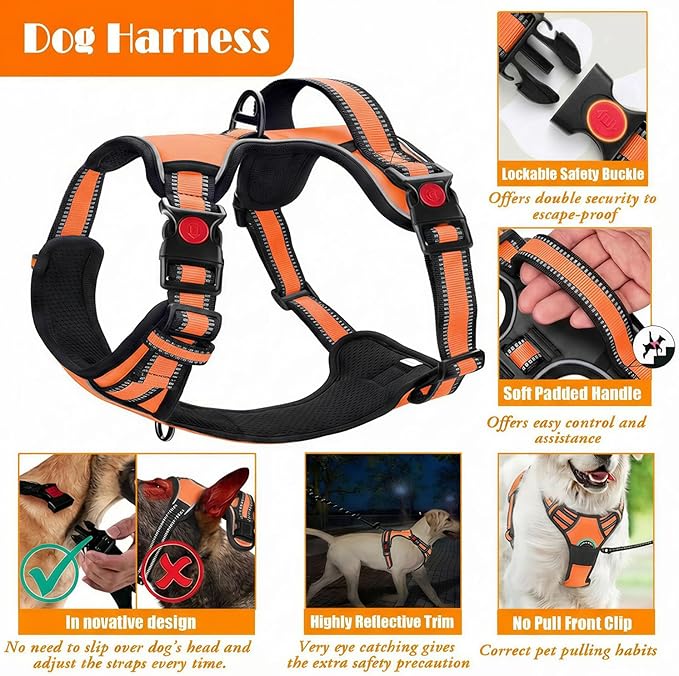 LOBEVE No Pull Dog Harness, Collar & Leash Set | Includes Dog Seat Belt, Collapsible Bowls & Poop Bag Dispenser. Ideal for Training, Walking, Hiking. Fits Small to Large Dogs(Orange-XL)