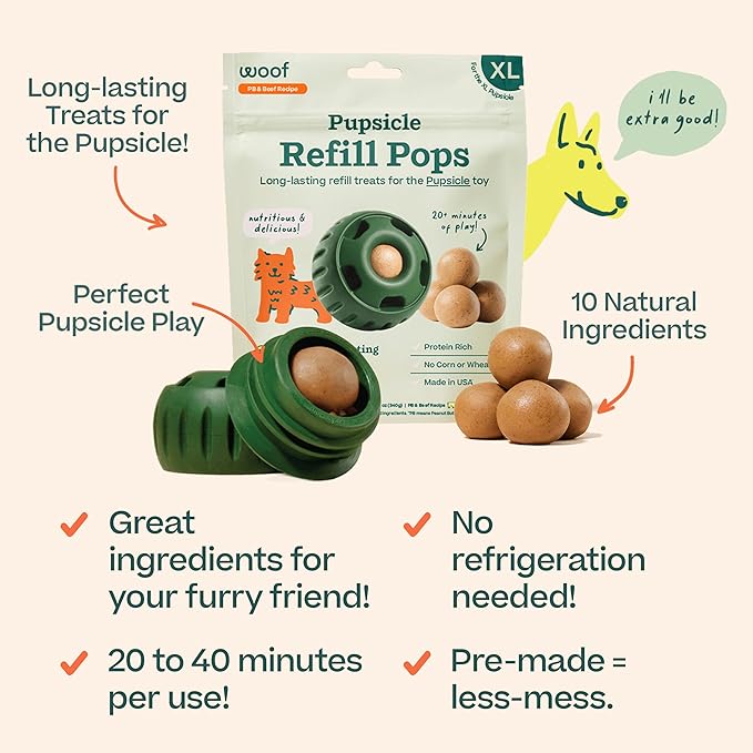 WOOF Pupsicle Refill Pops - Low-Mess Dog Snacks - with Peanut Butter and Beef - Dog Treats - Long Lasting - XL Pops - 5 Count