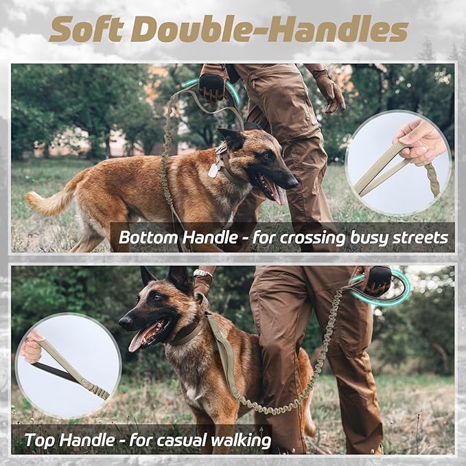 rabbitgoo Tactical Bungee Dog Leash with Shock Absorption, Military Training Leash with 2 Padded Control Handles for Medium Large Dogs, 6FT, Brown