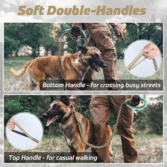 rabbitgoo Tactical Bungee Dog Leash with Shock Absorption, Military Training Leash with 2 Padded Control Handles for Medium Large Dogs, 6FT, Brown