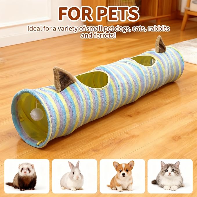 Cat Tunnel, 45" Cats Toys Collapsible Tunnel Straight Tube with a Fun Ball and 2 Holes, for Rabbits, Kittens, Ferrets, Puppy, Diameter 9.8 Inch