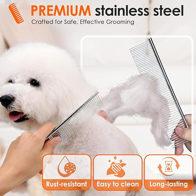 Dog Comb to Remove Tangles and Knots, Cat Comb with Stainless Steel Teeth and Non-Slip Handle, Dog combs for grooming matting for Long Haired Pets (Large)