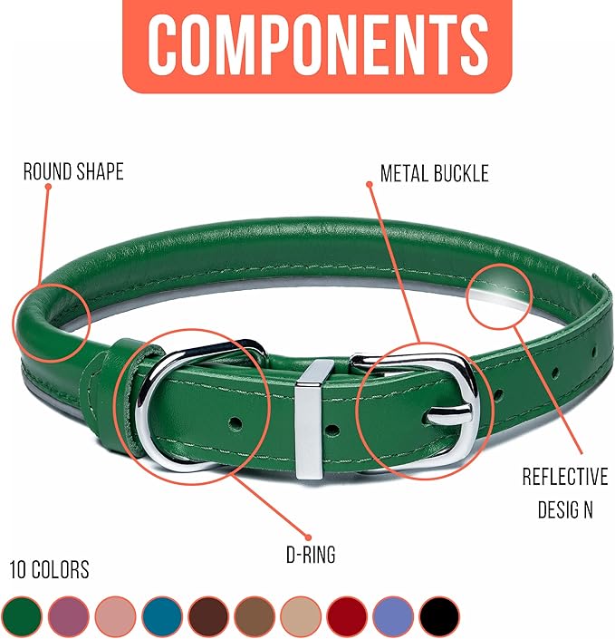 OOPSDOGGY Rolled Leather Dog Collar Reflective Roll Collars for Small Medium Large Dogs Puppy (Green, XL, 17'' - 21'')