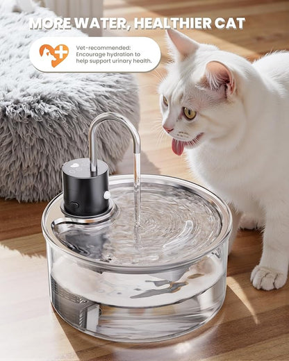 Wireless Cat Water Fountain Glass - 108oz/3.2L Automatic Ultra-Quiet Cat Water Fountain with Filter, Glass Battery Operated Pet Fountain Rechargeable Water Dispenser for Cats, Puppy, Multiple Pets