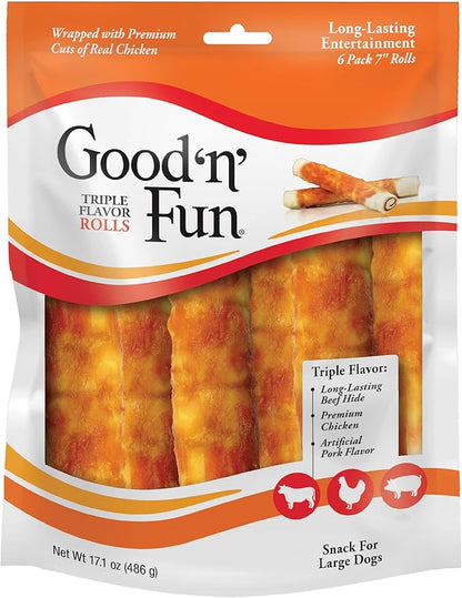 Good ‘n’ Fun Triple Flavor Rolls for Large Dogs, 6 Count, Treat Your Dog to Long-Lasting Chews Made with Real Beef Hide and Chicken